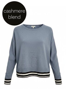 LISA TODD Blue Striped Trim Cotton Cashmere Sweater s